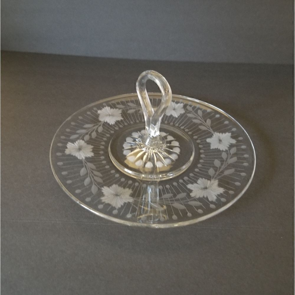 Vintage round etched glass serving tray